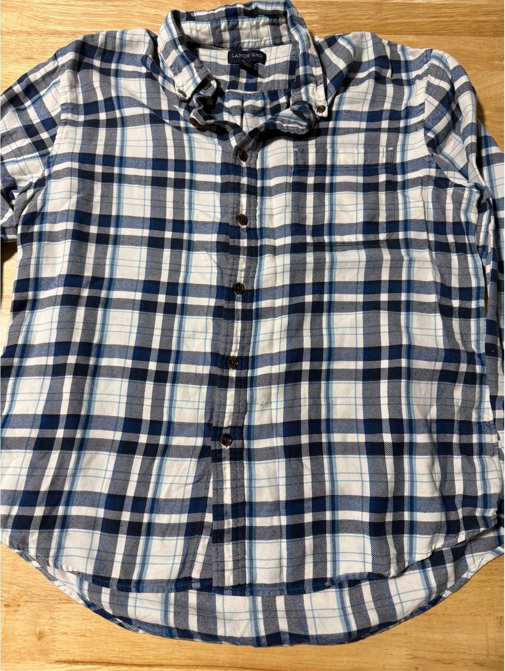 Lands’ End Women’s Large Blue White Plaid Flannel Button Down Shirt